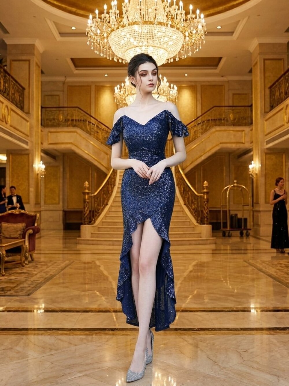 Sequin Prom Dress High Low Off Shoulder Evening Gown Royal Blue Slit - Picture 7 of 12